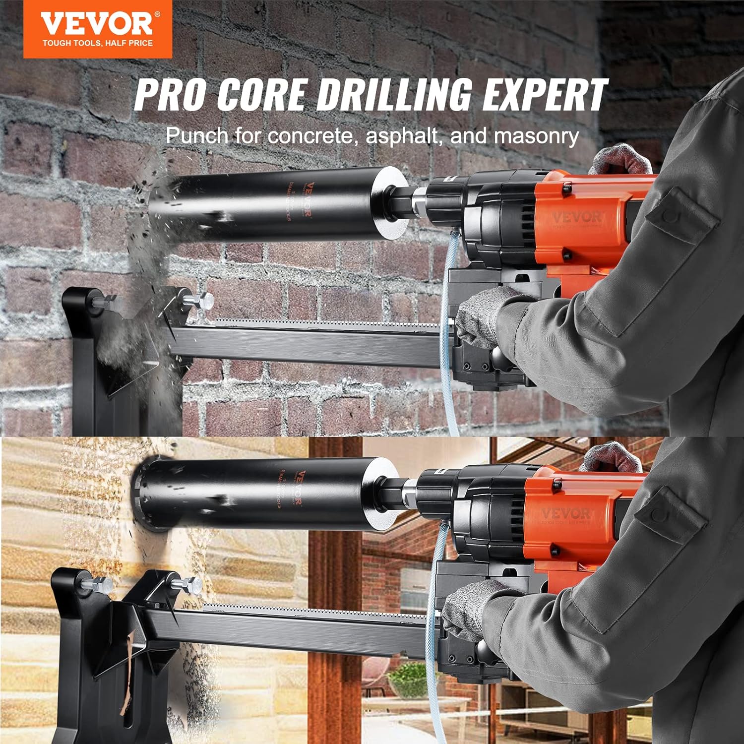 Diamond Core Drilling Machine, 10In Wet Concrete Core Drill Rig with Stand Wheels, 750RPM Speed & 1-1/4" Thread & Lifting Handle, 10In Drilling Diameter for Concrete Brick Block Stone, 2500W