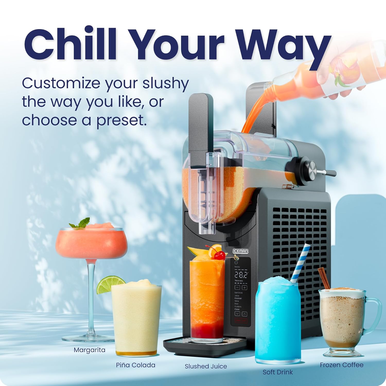 Slush-Ease Slushie Machine, Frozen Drink Maker & Slushy Machine with 5 Presets + Custom Option, Easy-Dispensing Lever for Frozen Margaritas, Frappes, and Slushies - Black