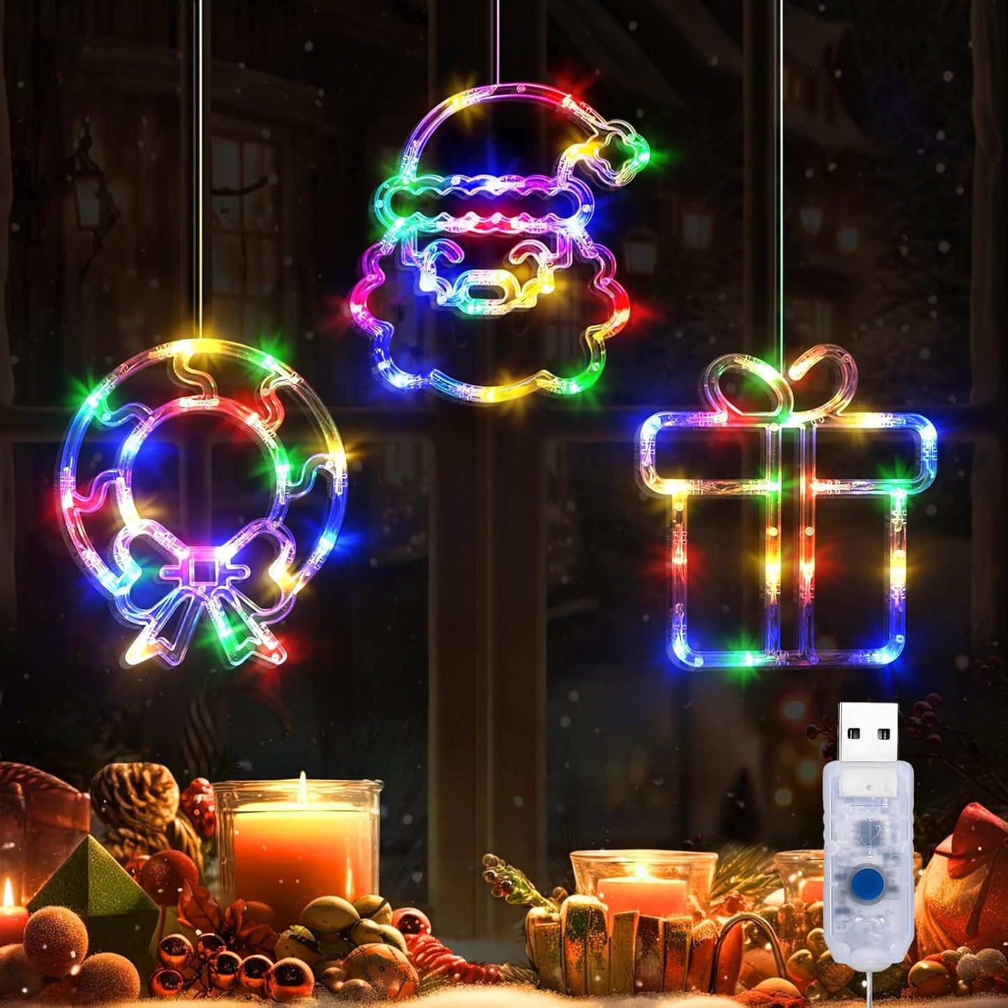 Christmas Window Lights 3 Pack Red White and Green Gnomes Xmas Lights with Suction Cups 2024 Upgrade Timer Function and Slowly Fade Mode Battery Operated Indoor Decors Christmas Decorations