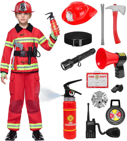 Halloween 14PCS Firefighter Costume for Kids, Boys Fireman Costume with Toys Set for Toddler Roleplay