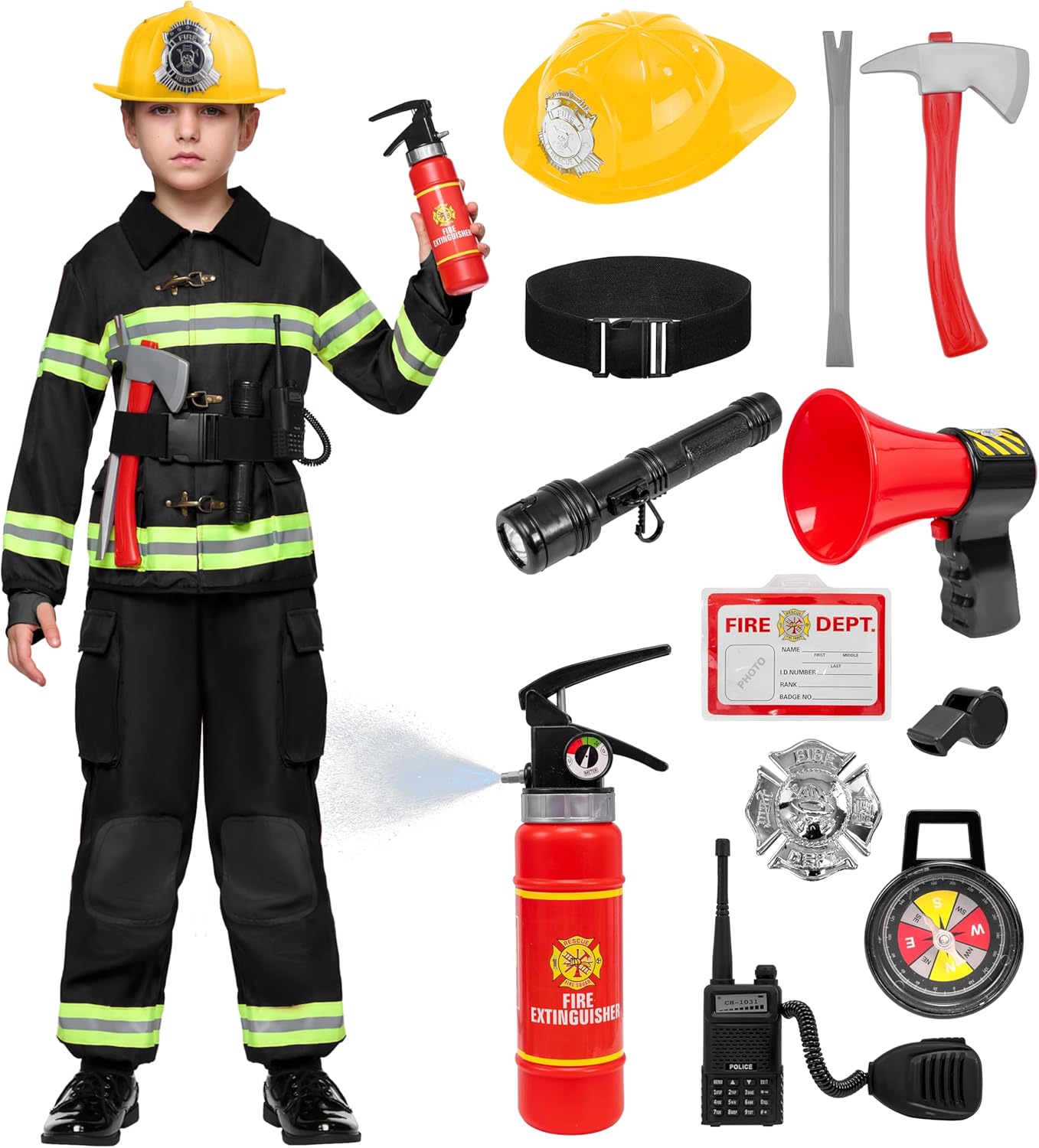 Halloween 14PCS Firefighter Costume for Kids, Boys Fireman Costume with Toys Set for Toddler Roleplay