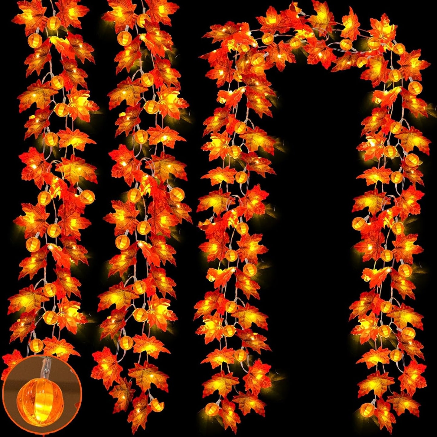 3 Pack&Timer-Fall Garland with Pumpkin Lights Halloween Fall Decorations for Home,30Ft 60LED Halloween Lights Patented Enlarged Maples Leaf Battery Operated Thanksgiving Decor Indoor Outdoor Christmas