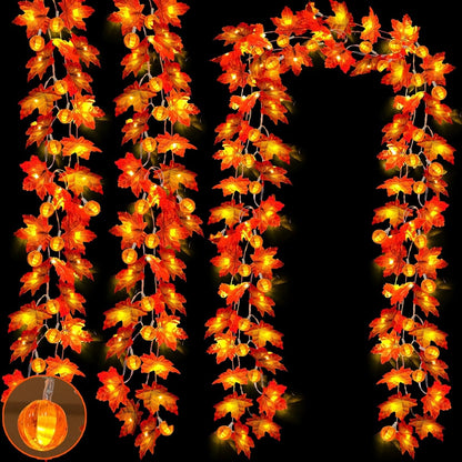 3 Pack&Timer-Fall Garland with Pumpkin Lights Halloween Fall Decorations for Home,30Ft 60LED Halloween Lights Patented Enlarged Maples Leaf Battery Operated Thanksgiving Decor Indoor Outdoor Christmas