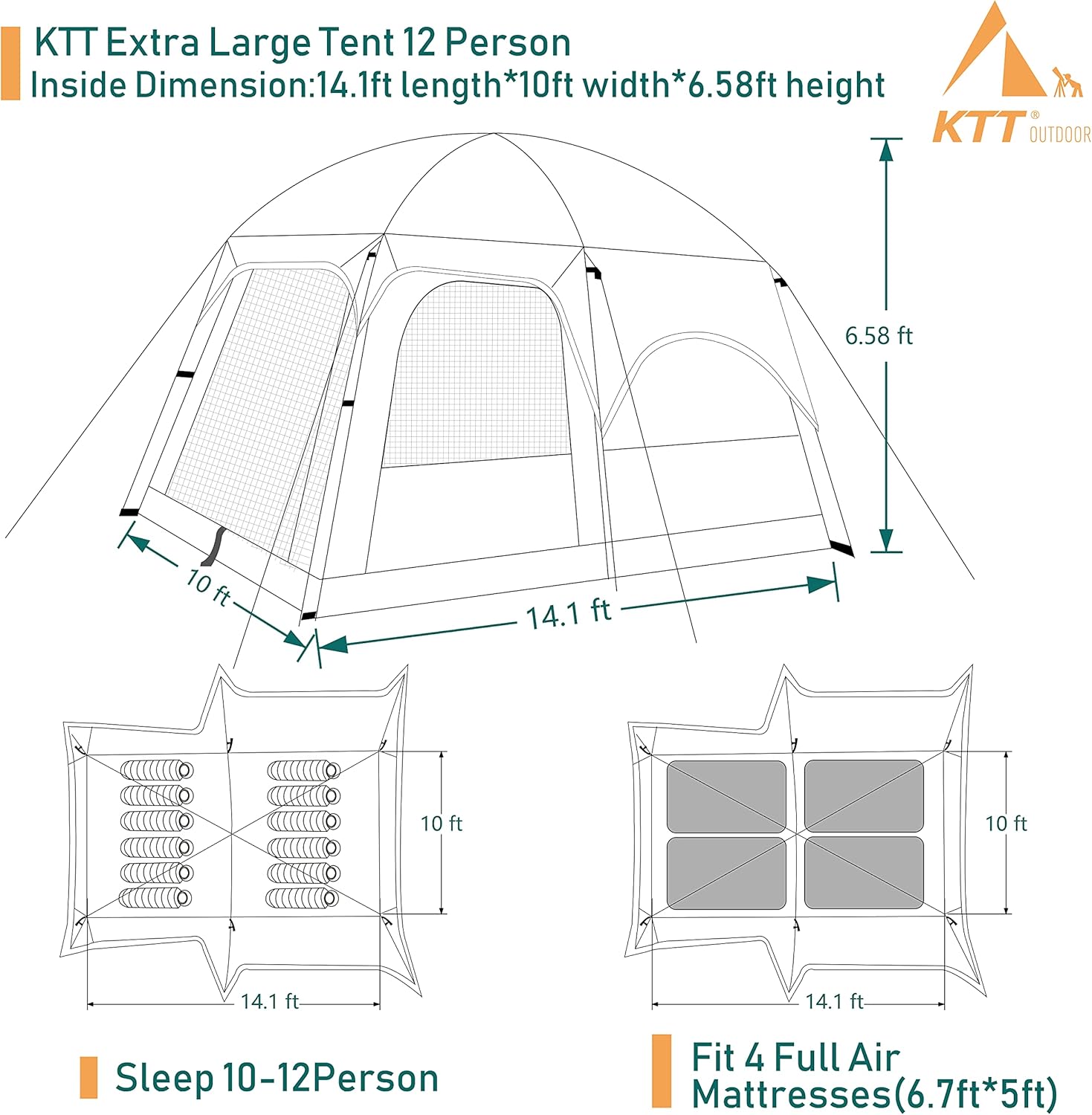 Extra Large Tent 10-12-14 Person(A),Family Cabin Tents,2 Rooms,3 Doors and 3 Windows with Mesh,Straight Wall,Waterproof,Double Layer,Big Tent for Outdoor,Picnic,Camping,Family Gathering