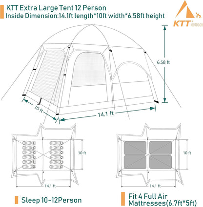Extra Large Tent 10-12-14 Person(A),Family Cabin Tents,2 Rooms,3 Doors and 3 Windows with Mesh,Straight Wall,Waterproof,Double Layer,Big Tent for Outdoor,Picnic,Camping,Family Gathering