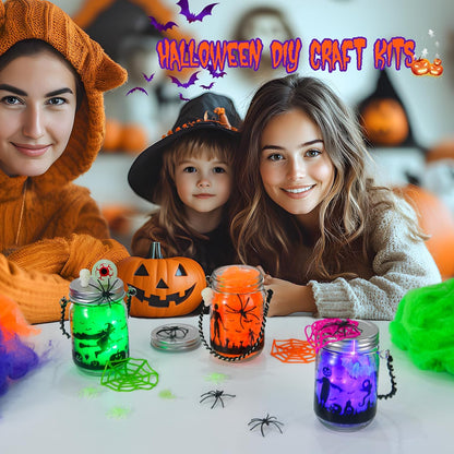 Halloween Crafts for Kids, 3 Pack Glass Mason Jar with Accessories, Halloween Toys Party Favor Garden Creative Activities Decoration Art Project