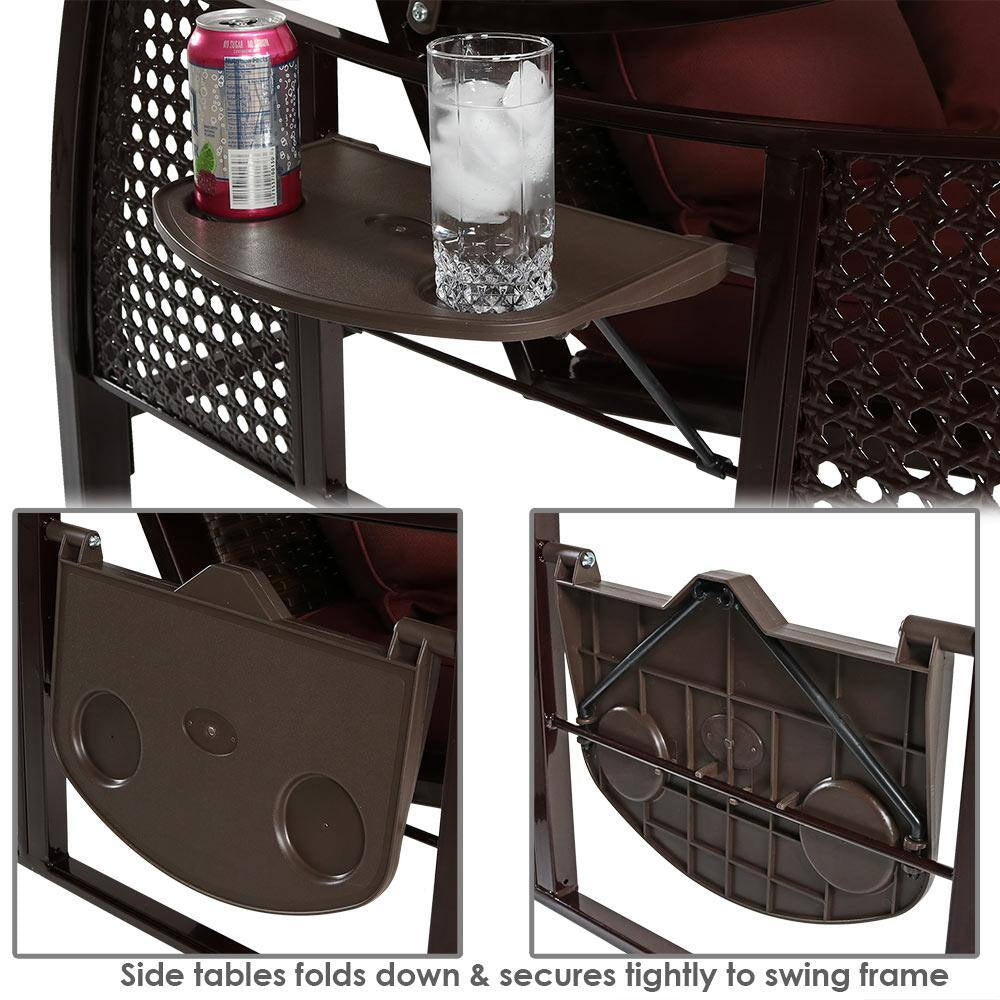 Deluxe Steel Frame Porch Swing with Maroon Cushion, Canopy and Side Tables