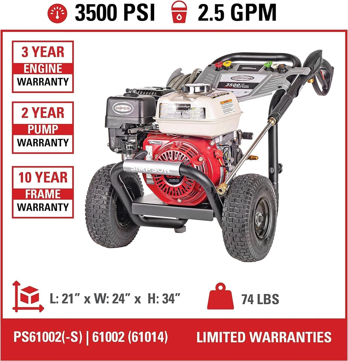 61014 3500 PSI at 2.5 GPM Honda GX200 with AAA AX300 Axial Cam Pump Cold Water Professional Gas Pressure Washer PS61002-S