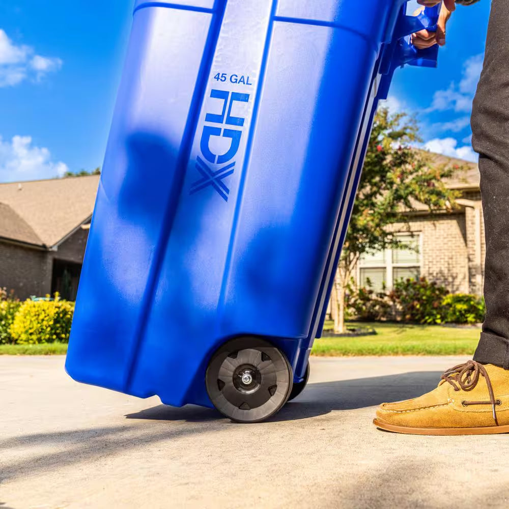 45 Gal. Blue Outdoor Vented Recycling Trash Can with Wheels, Attached Lid, Rounded Handles, and Reinforced Foothold