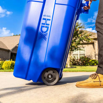 45 Gal. Blue Outdoor Vented Recycling Trash Can with Wheels, Attached Lid, Rounded Handles, and Reinforced Foothold