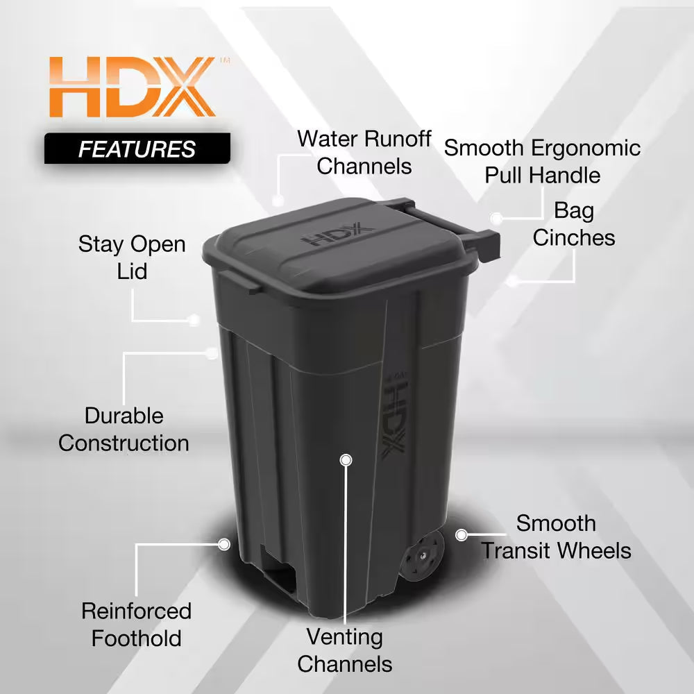 45 Gal. Black Outdoor Vented Trash Can with Wheels, Attached Lid