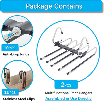 Magic Pants Hangers Space Saving - 2 Pack for Closet Multiple Layers Multifunctional Uses Rack Organizer for Trousers Scarves Slack (2 Pack with 10 Metal Clips)