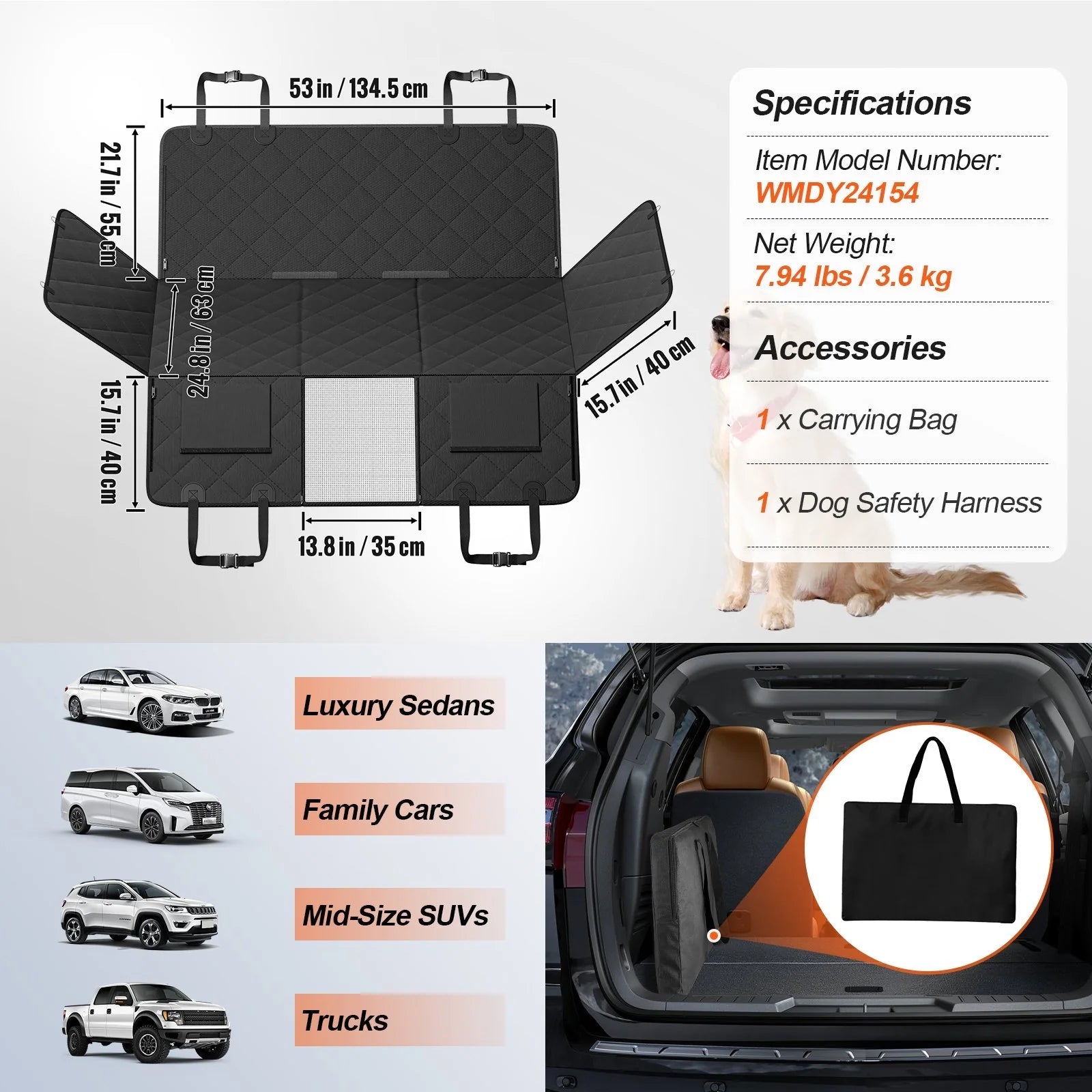 VEVOR 53 X 24.8 in Dog Car Seat Cover for Back Seat Waterproof 600D for Cars