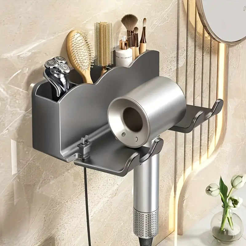 Wall-Mounted Hair Dryer Holder – No-Drill Bathroom Organizer Shelf with Multi-Compartment Storage Rack for Hair Tools & Accessories