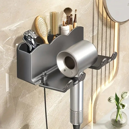 Wall-Mounted Hair Dryer Holder – No-Drill Bathroom Organizer Shelf with Multi-Compartment Storage Rack for Hair Tools & Accessories