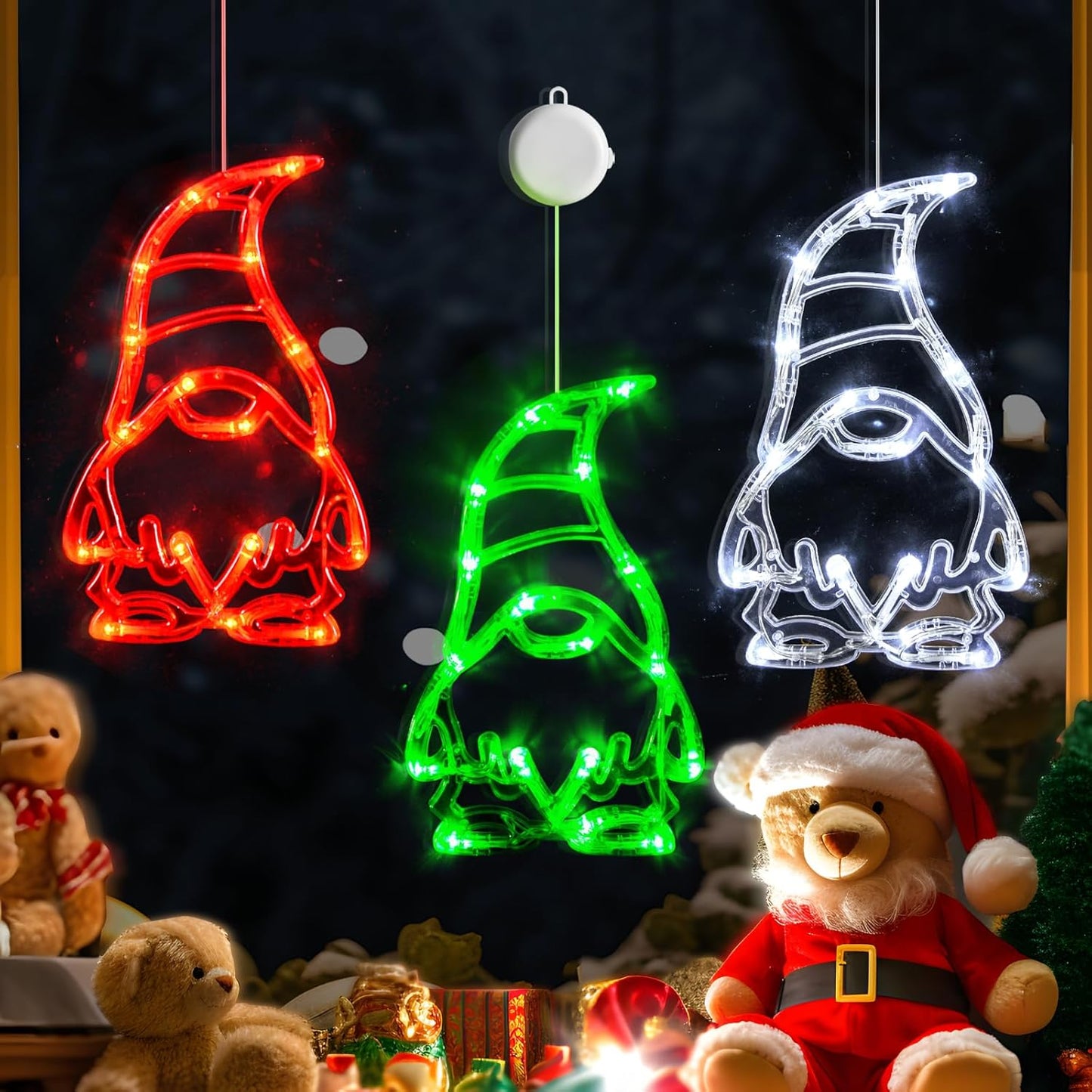 Christmas Window Lights 3 Pack Red White and Green Gnomes Xmas Lights with Suction Cups 2024 Upgrade Timer Function and Slowly Fade Mode Battery Operated Indoor Decors Christmas Decorations