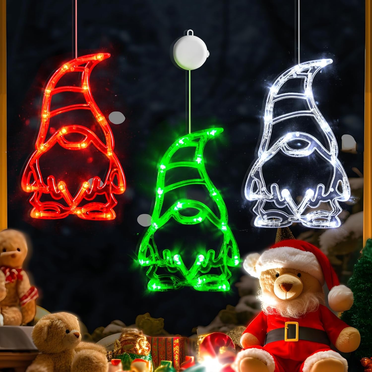 Christmas Window Lights 3 Pack Red White and Green Gnomes Xmas Lights with Suction Cups 2024 Upgrade Timer Function and Slowly Fade Mode Battery Operated Indoor Decors Christmas Decorations