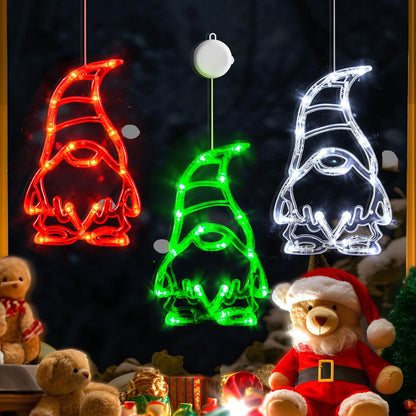 Christmas Window Lights 3 Pack Red White and Green Gnomes Xmas Lights with Suction Cups 2024 Upgrade Timer Function and Slowly Fade Mode Battery Operated Indoor Decors Christmas Decorations