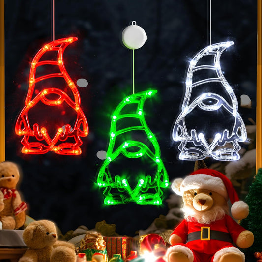 Christmas Window Lights 3 Pack Red White and Green Gnomes Xmas Lights with Suction Cups 2024 Upgrade Timer Function and Slowly Fade Mode Battery Operated Indoor Decors Christmas Decorations