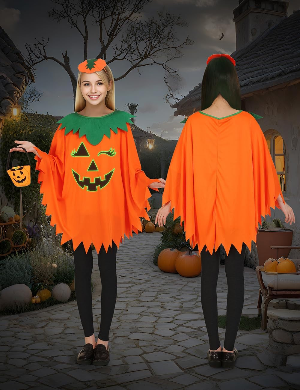 Halloween Pumpkin Costume for Women Kids,Glow in the Dark Adult Halloween Costume with Poncho,Headband & Bag