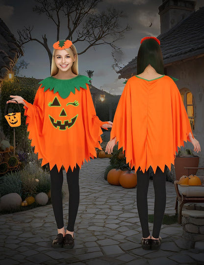 Halloween Pumpkin Costume for Women Kids,Glow in the Dark Adult Halloween Costume with Poncho,Headband & Bag