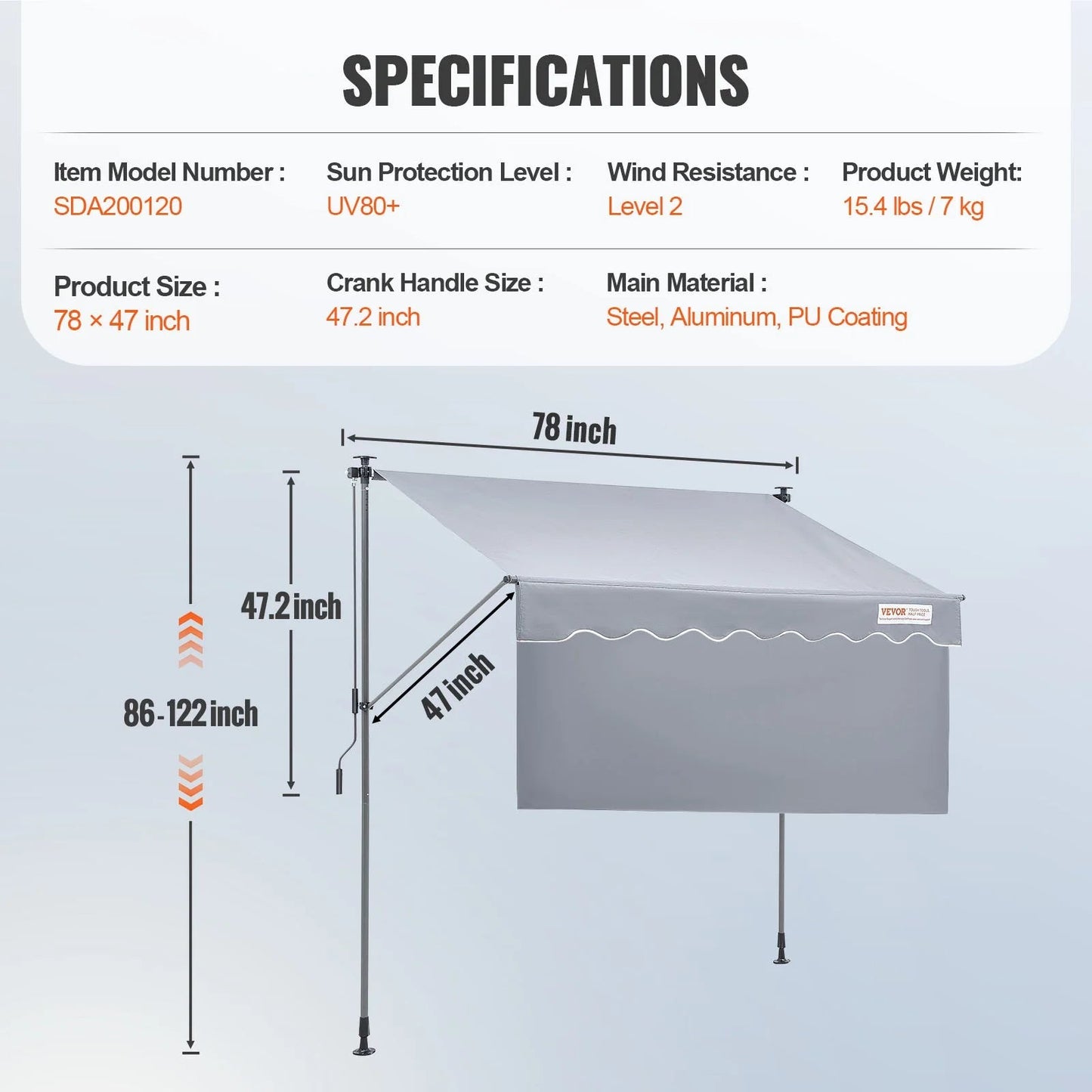 VEVOR Manual Retractable Awning, 78 Outdoor Retractable Patio Awning Sunshade Shelter, Adjustable Patio Door Window Awning Canopy with 39 Sun Shade Curtain for Backyard, Garden, Balcony