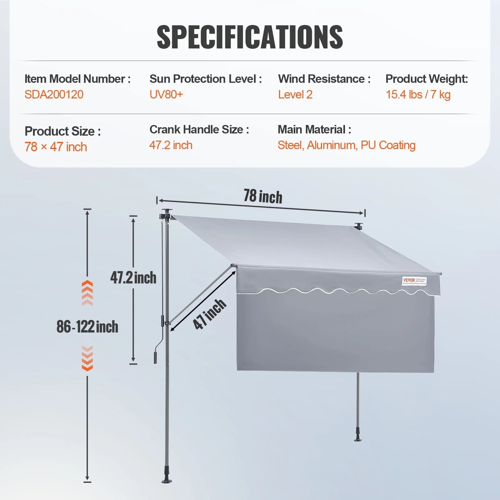 VEVOR Manual Retractable Awning, 78 Outdoor Retractable Patio Awning Sunshade Shelter, Adjustable Patio Door Window Awning Canopy with 39 Sun Shade Curtain for Backyard, Garden, Balcony