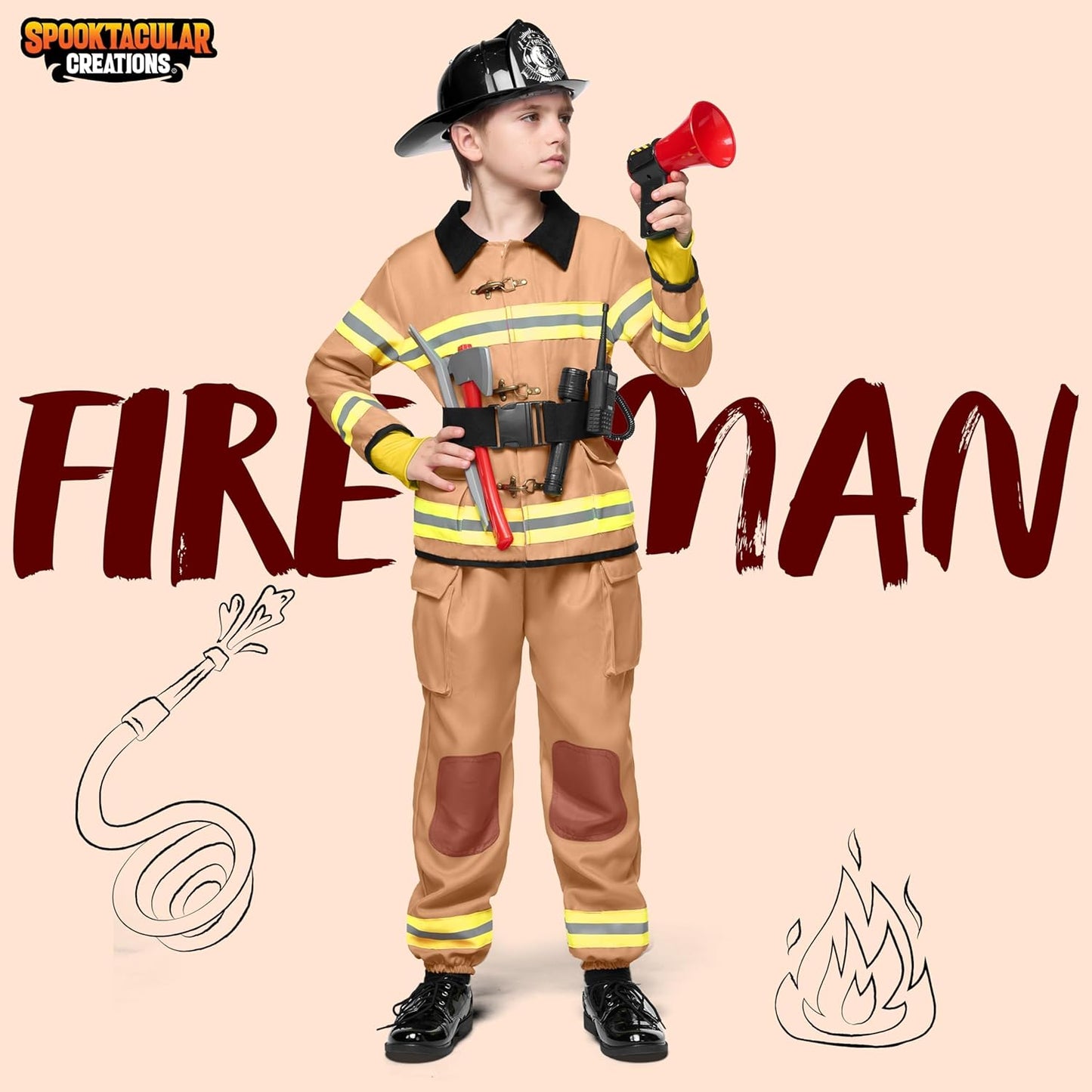 Halloween 14PCS Firefighter Costume for Kids, Boys Fireman Costume with Toys Set for Toddler Roleplay