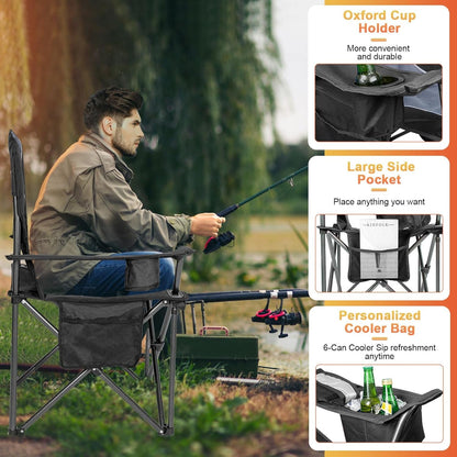 Oversized Camping Chairs,Heavy Duty Support 500 Lbs,Padded Back & Arm Sport Chairs, Cup Holder Cooler Bag, Collapsible Folding Chairs for Outdoor, Fishing & Garden, Black,2-Pack