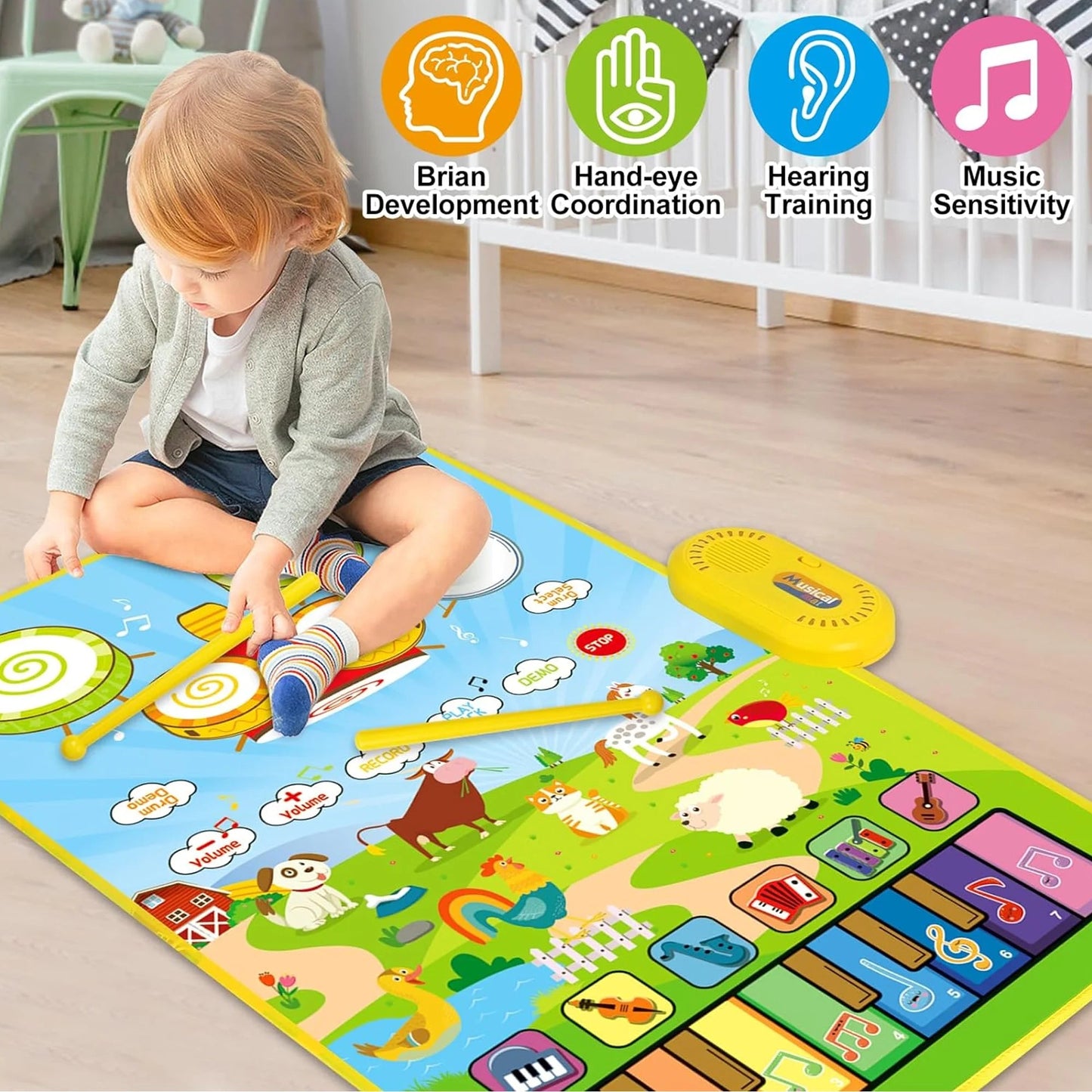 Toys for 1 Year Boys Girls, 3 in 1 Musical Mat Toys Piano & Drum Mat with 2 Sticks, Learning Floor Blanket, Christmas Birthday Gifts for 1 2 3 Year Toddlers