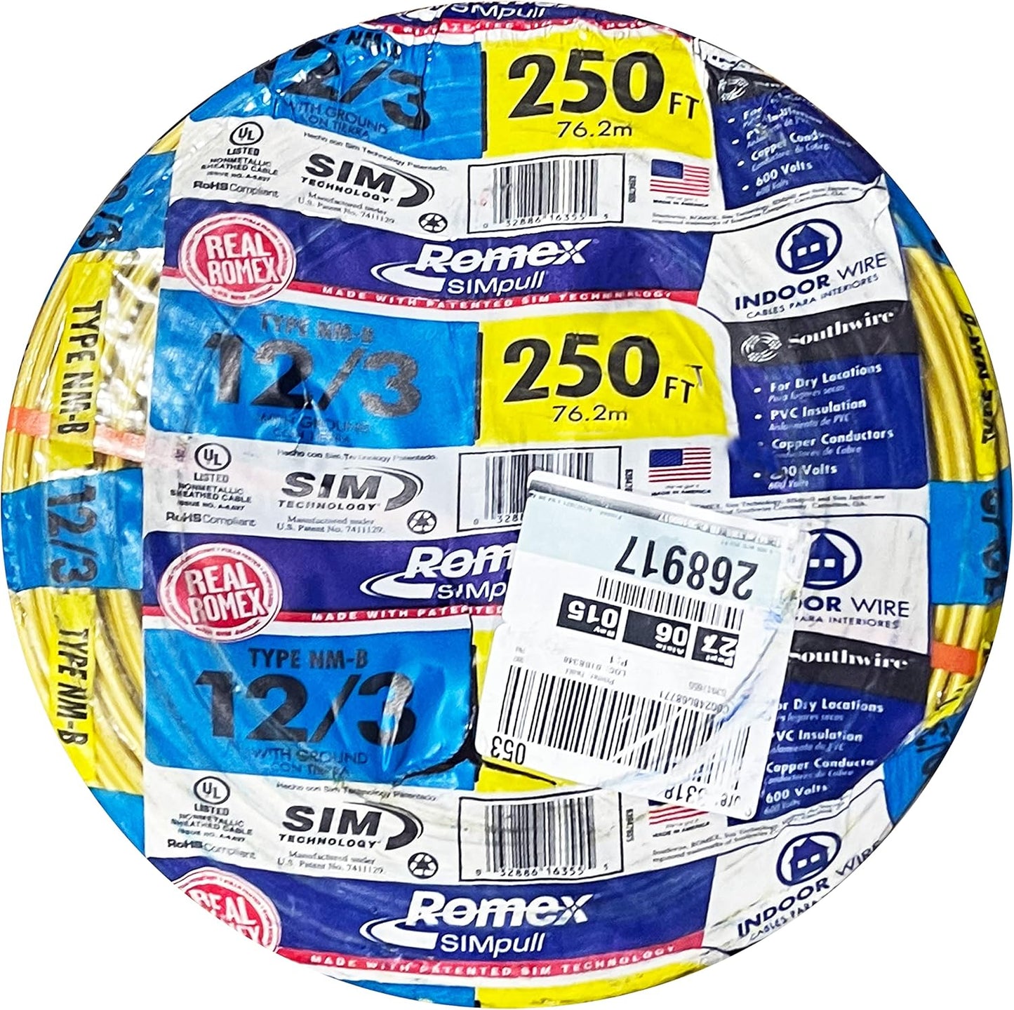Romex Simpull 63947655 250Ft. NM-B Non-Metallic Sheathed Cable with Ground Wire