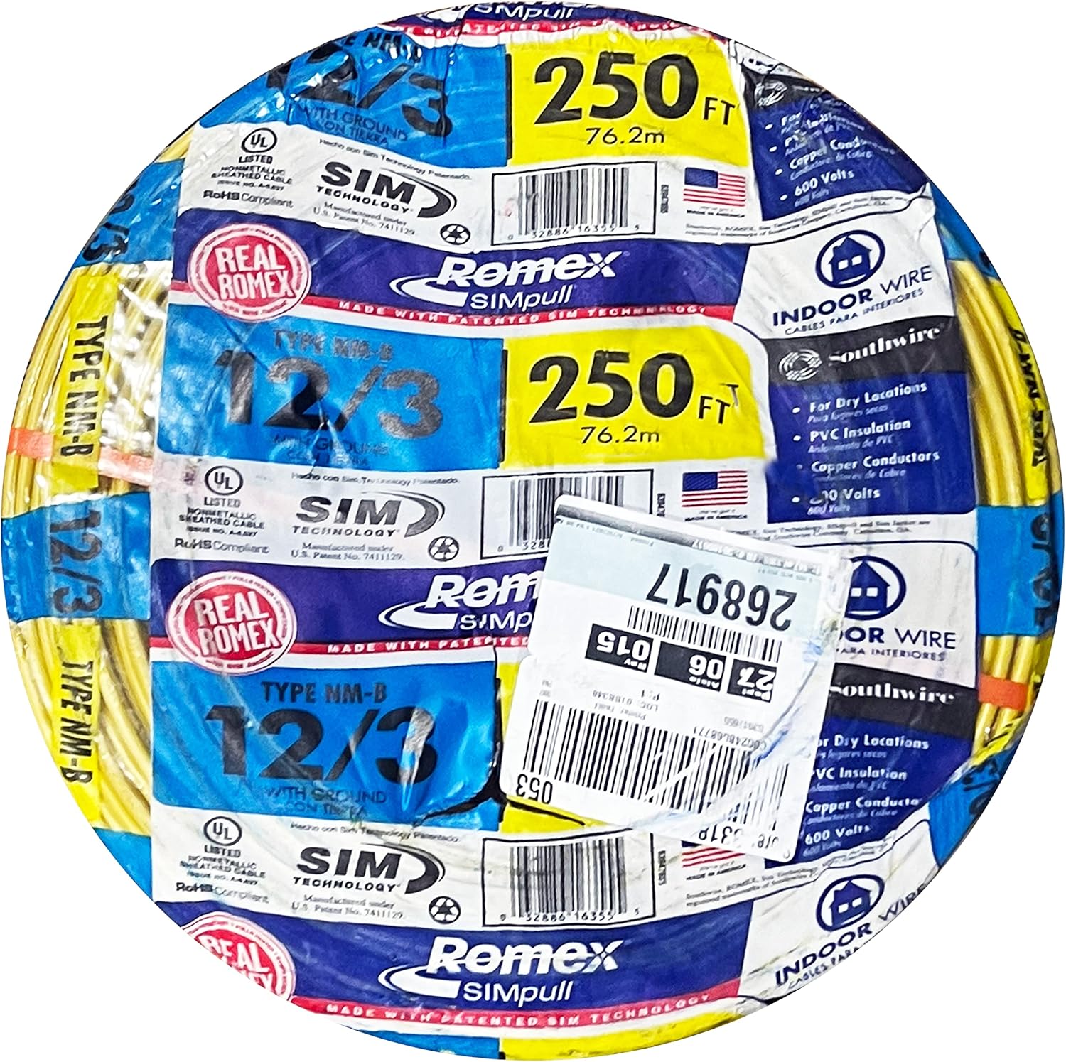 Romex Simpull 63947655 250Ft. NM-B Non-Metallic Sheathed Cable with Ground Wire