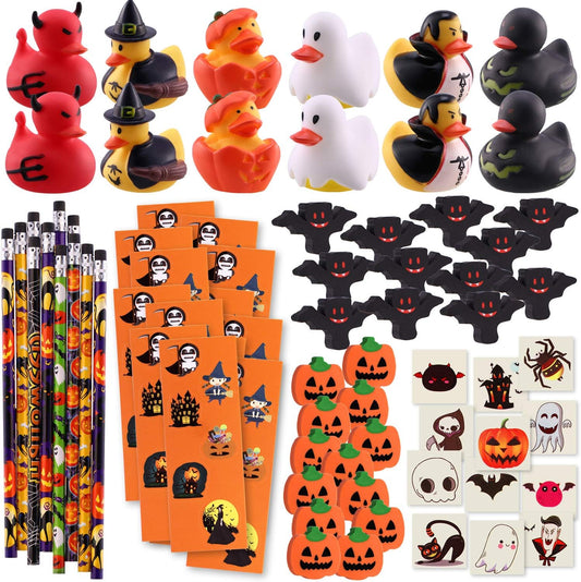 156-Piece Party Favors Assortment | 72 Glitter Tattoos | 48 Erasers | 12 Ducks | 12 Sticker Sheets | 12 Pencils - Halloween Themed
