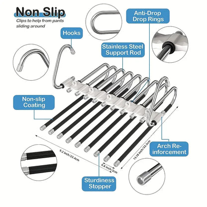 Collapsible 9-Layer Pants Hanger – Space-Saving Stainless Steel Multifunctional Closet Organizer, Non-Slip Metal Hangers for Pants, Jeans, Skirts & Trousers