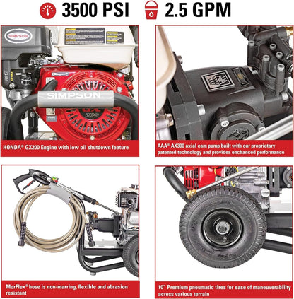 61014 3500 PSI at 2.5 GPM Honda GX200 with AAA AX300 Axial Cam Pump Cold Water Professional Gas Pressure Washer PS61002-S