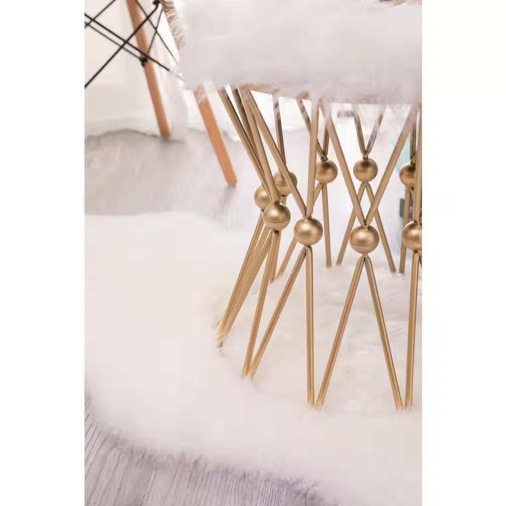 Round Gold Metal Accent Vanity Stool with White Fur Top Seat, Decorative Side Table