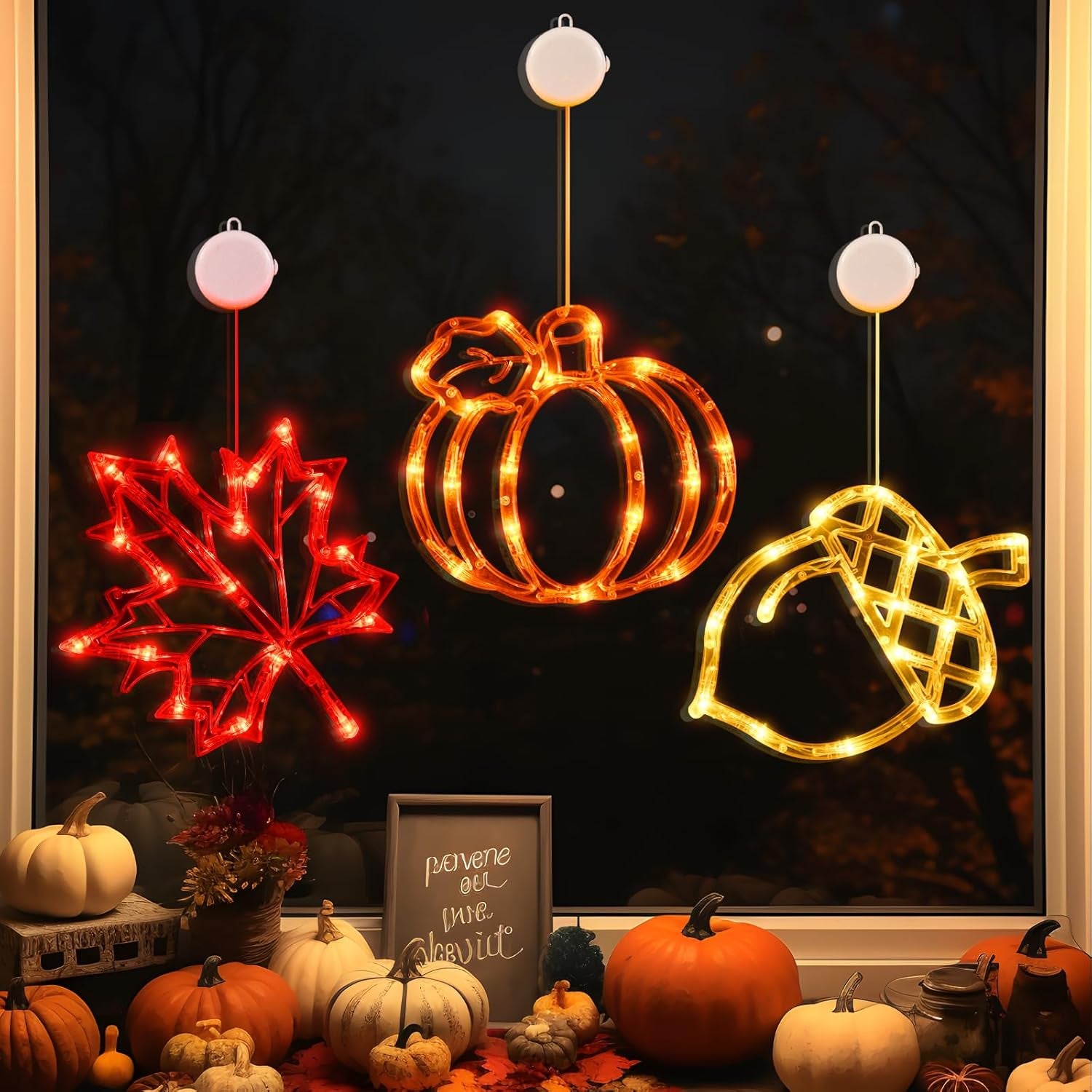 Fall Decor Window Lights 2025 Thanksgiving Decorations Acorn Maple Leaves Pumpkin LED Lights with Suction Cups Battery Operated(Exclusive) Slow Fade Mode Timer Autumn Decorations for Home