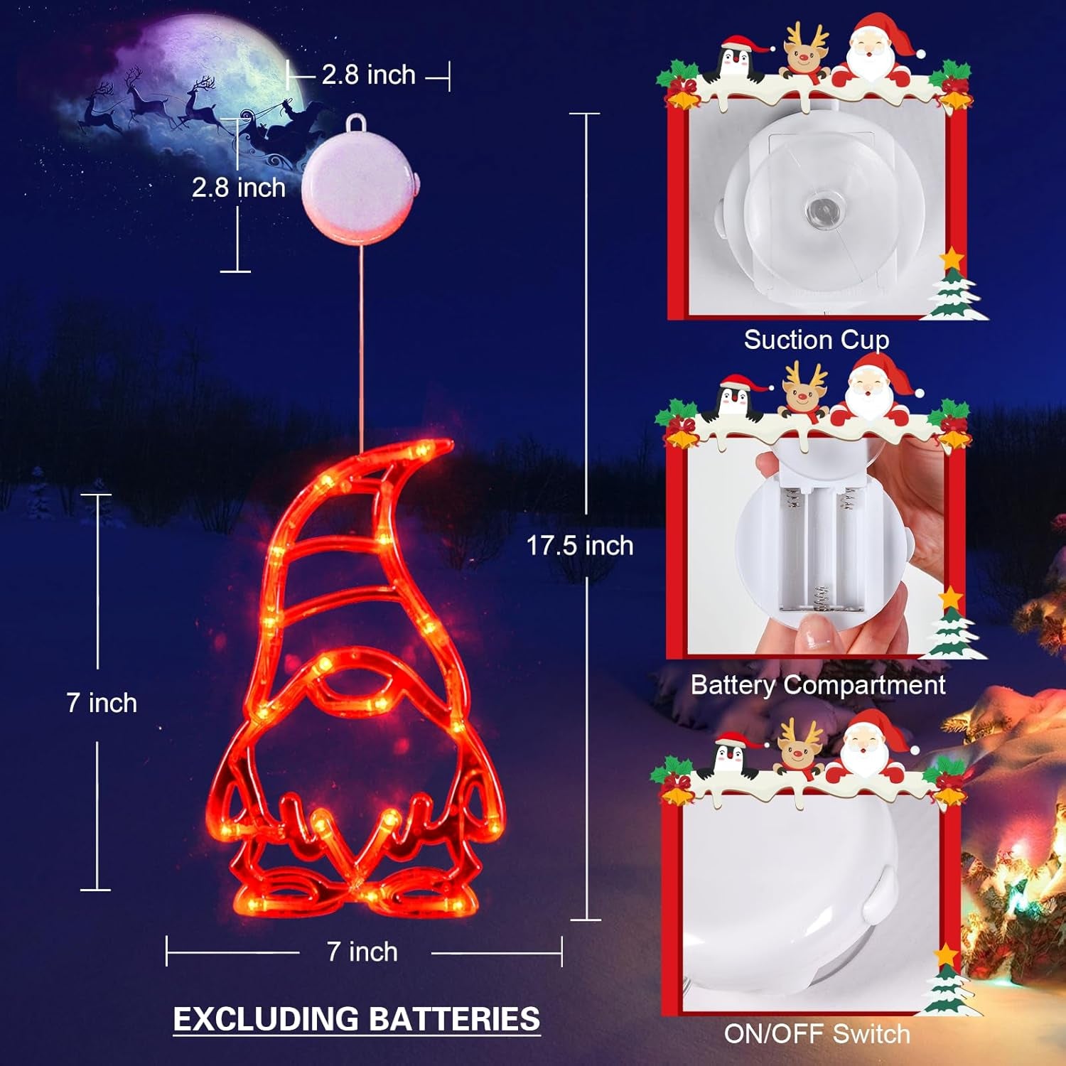 Christmas Window Lights 3 Pack Red White and Green Gnomes Xmas Lights with Suction Cups 2024 Upgrade Timer Function and Slowly Fade Mode Battery Operated Indoor Decors Christmas Decorations
