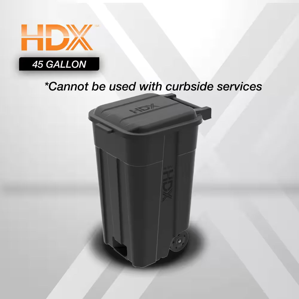 45 Gal. Black Outdoor Vented Trash Can with Wheels, Attached Lid
