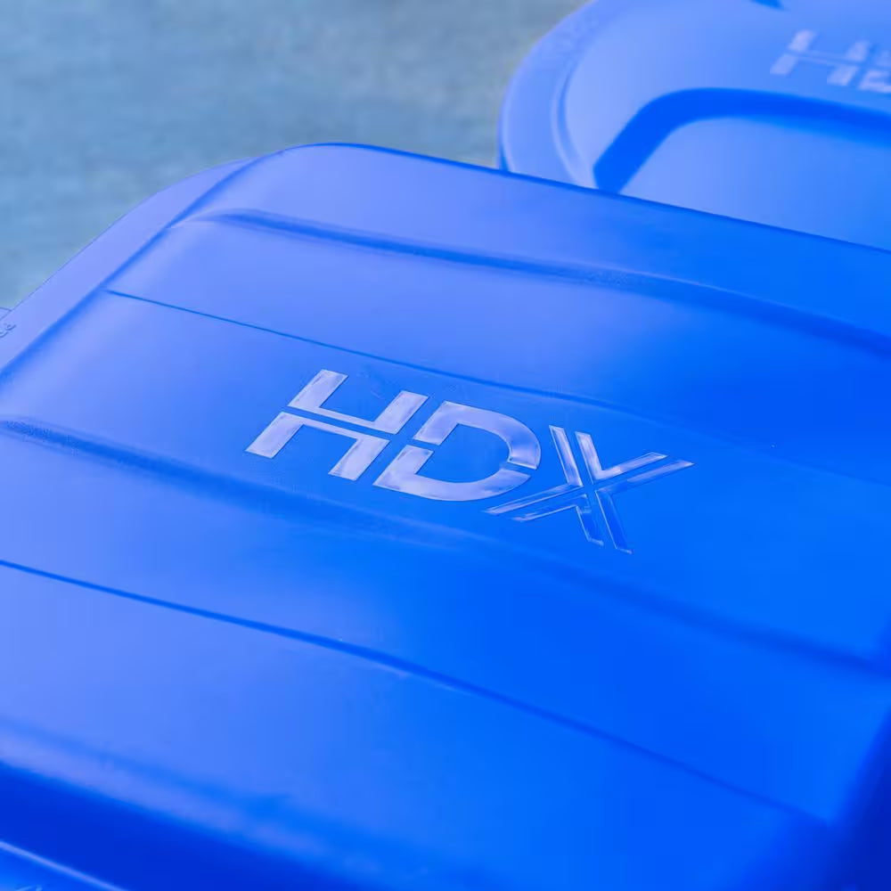 45 Gal. Blue Outdoor Vented Recycling Trash Can with Wheels, Attached Lid, Rounded Handles, and Reinforced Foothold