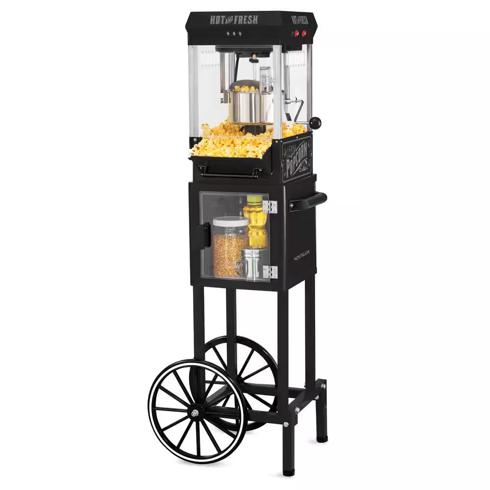 300 W 2.5 Oz. Black Popcorn Cart with 5 Qt. Popcorn Bowl