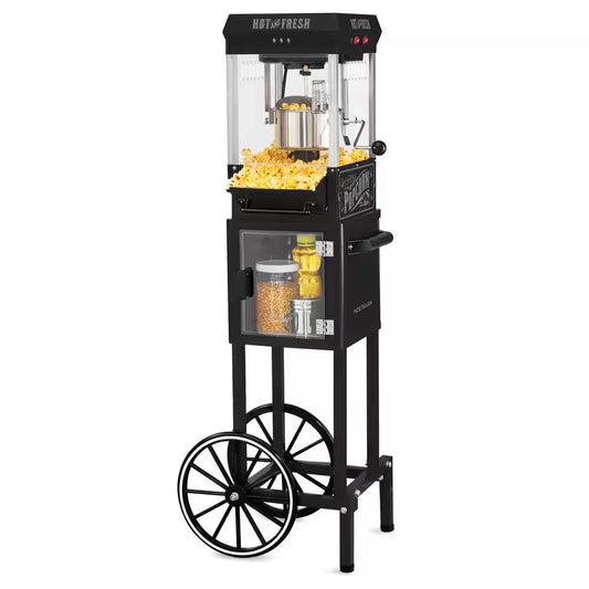 300 W 2.5 Oz. Black Popcorn Cart with 5 Qt. Popcorn Bowl
