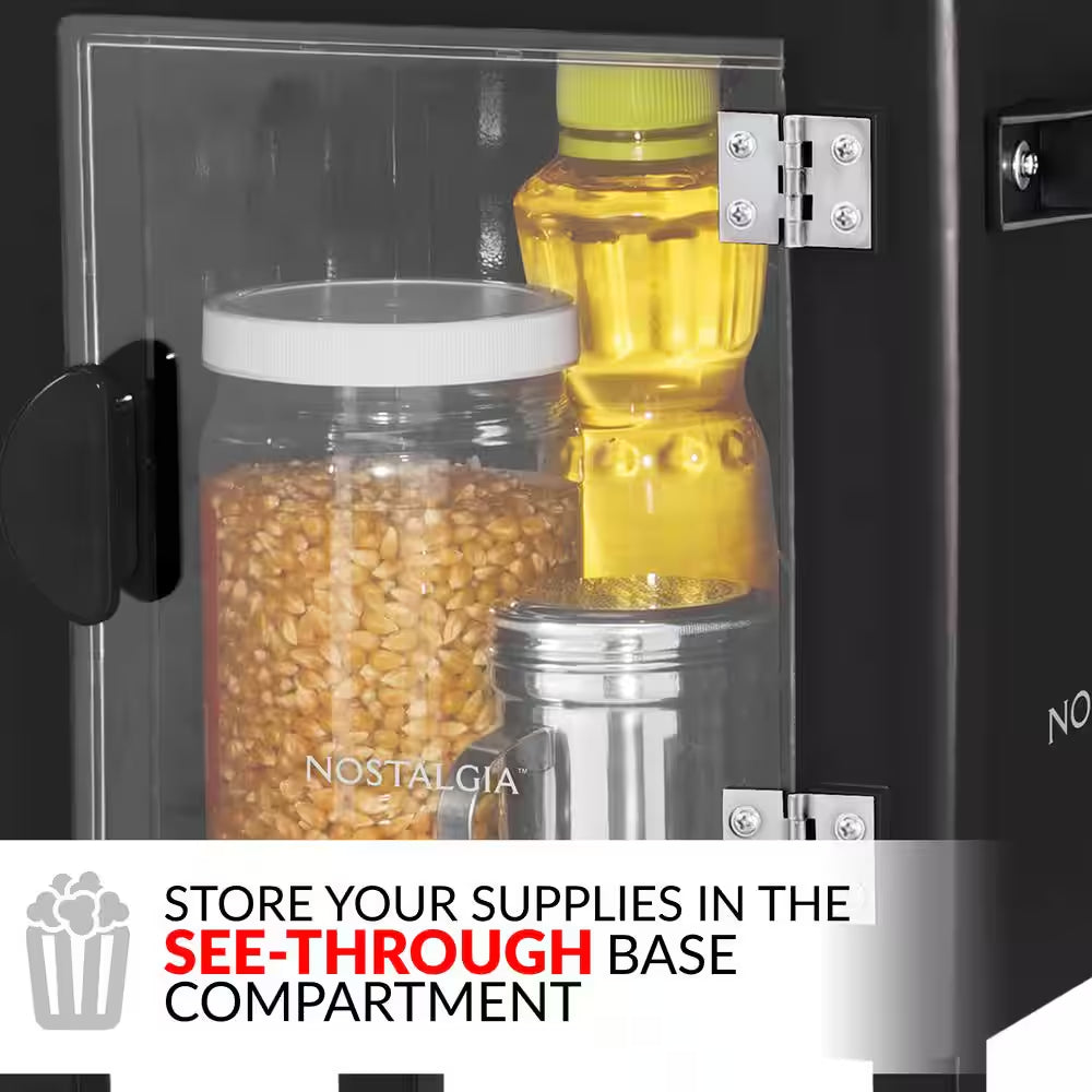 300 W 2.5 Oz. Black Popcorn Cart with 5 Qt. Popcorn Bowl
