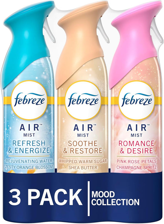 Air Mist Air Freshener Spray, Odor-Fighting Room Spray for Home and Bathroom and Kitchen, Aerosol Can, Refresh & Energize, Soothe & Restore, Romance & Desire Scent, 8.8Oz, 3 Count