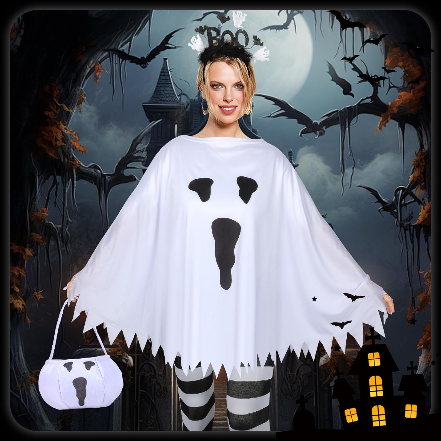 4 PCS Halloween Costume Set for Women Adult Ghost Costume, Ghost Costume Poncho, Candy Bag, Ghost Headband and Nylon Striped Tights for Halloween Cosplay Party