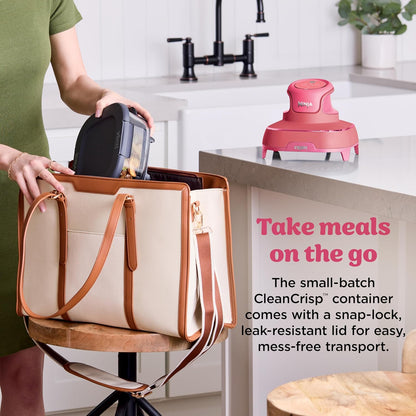 | Air Fryer | Crispi 4-In-1 Portable Cooking System | 4QT & 6 Cup Glass Containers, Crisper Plates & Storage Lids Included | Microwave, Freezer & Dishwasher Safe | Cherry Crush | FN101DR