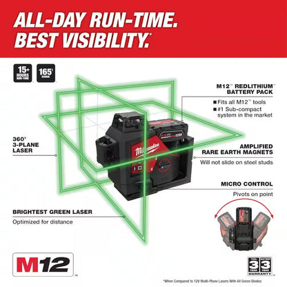 M12 12-Volt Lithium-Ion Cordless Green 250 Ft. 3-Plane Laser Level Kit with Laser Detector