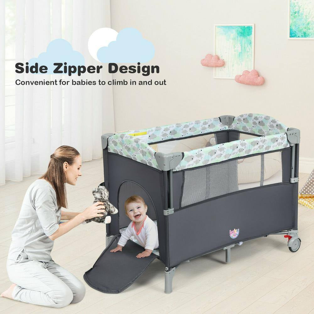 5-In-1 Gray Portable Baby beside Sleeper Bassinet Crib Playard with Diaper Change