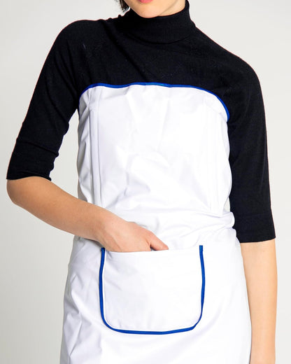 ONE TOUCH APRON PRO with POCKET - Strapless Apron – No Shoulder Strain, White and Blue Kitchen Apron without Ties - Waterproof Apron - Japan Brand