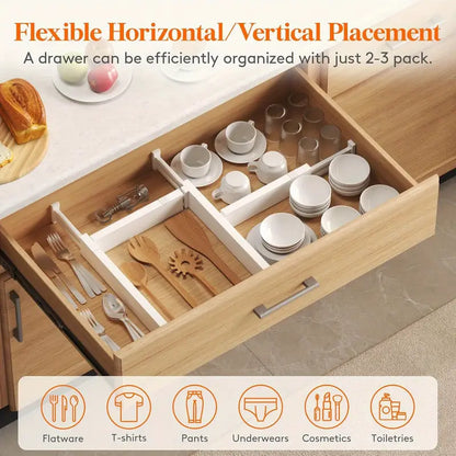 Adjustable Wooden Drawer Organizer Tray – 4 Dividers & 9 Inserts for 17–22" Drawers, Unfinished Finish with Labels – Kitchen, Office & Closet Organization